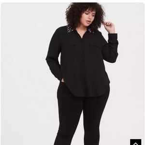 Torrid Madison Black Georgette Pearl Collar Button Front Blouse